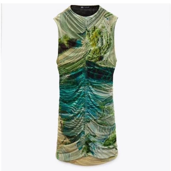 ZARA Mock High Neck Printed Tulle Mini Sleeveless Doubled Lined Dress - Picture 3 of 8